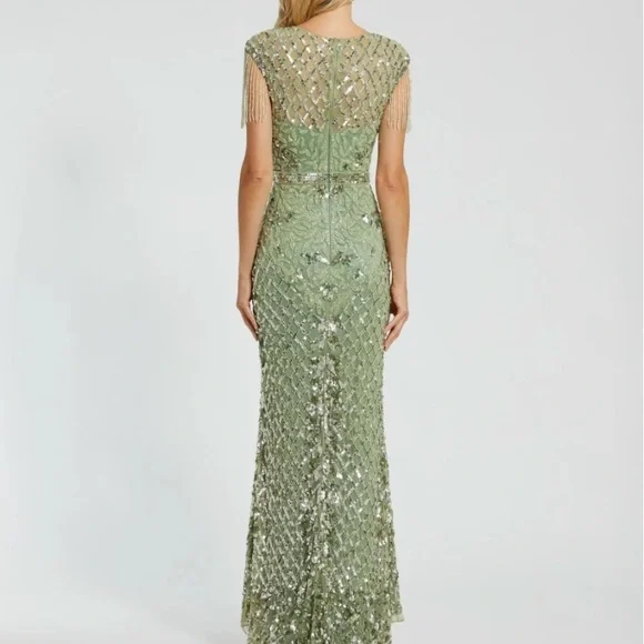 $698 Mac Duggal High Neck Beaded Sequin Fringe Sage Green Gown Dress 4908 Size 4 - Picture 15 of 15